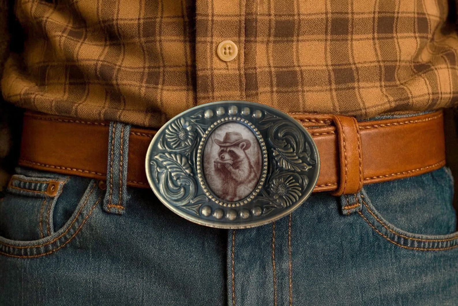 Harmonica Raccoon Belt Buckle
