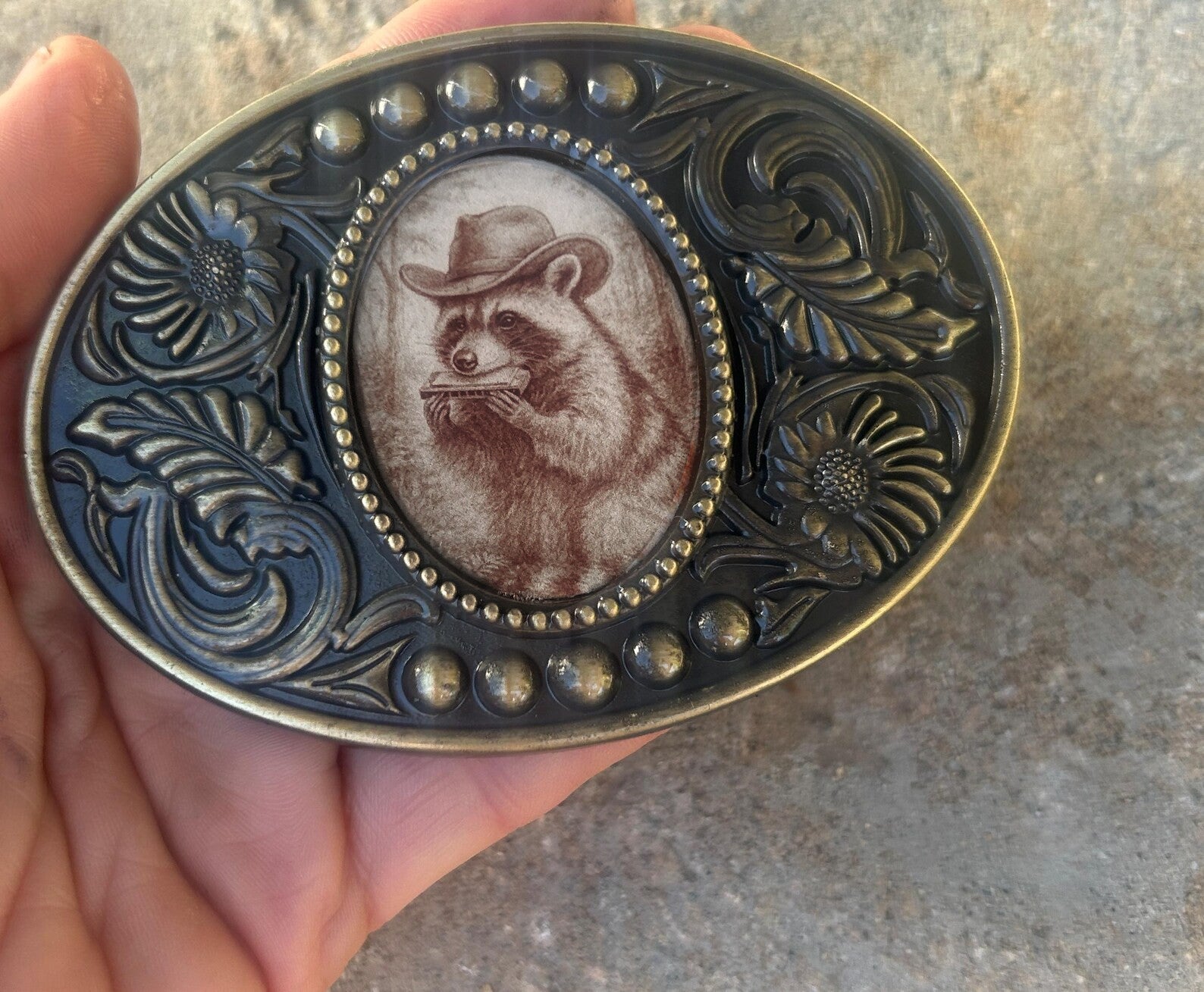 Harmonica Raccoon Belt Buckle