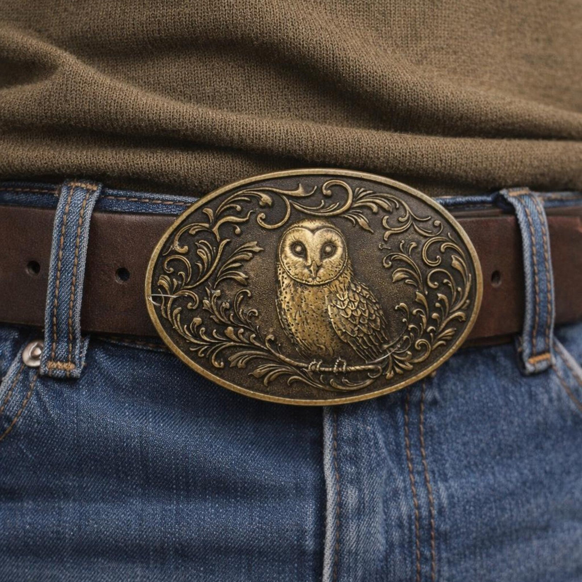 Rustic 1.5”Leather Belt with Cloisonné Owl Buckle, unisex, 31-36” Owl Belt main image 2