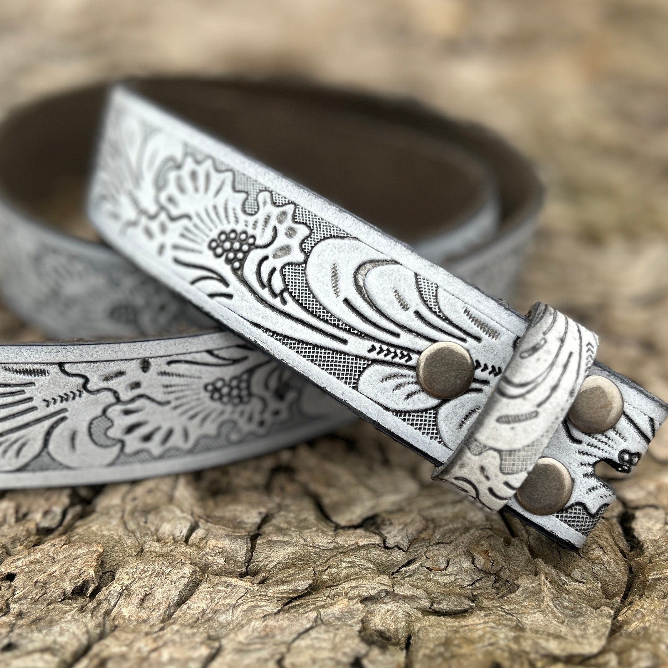 Embossed Grey Leather Belt Strap