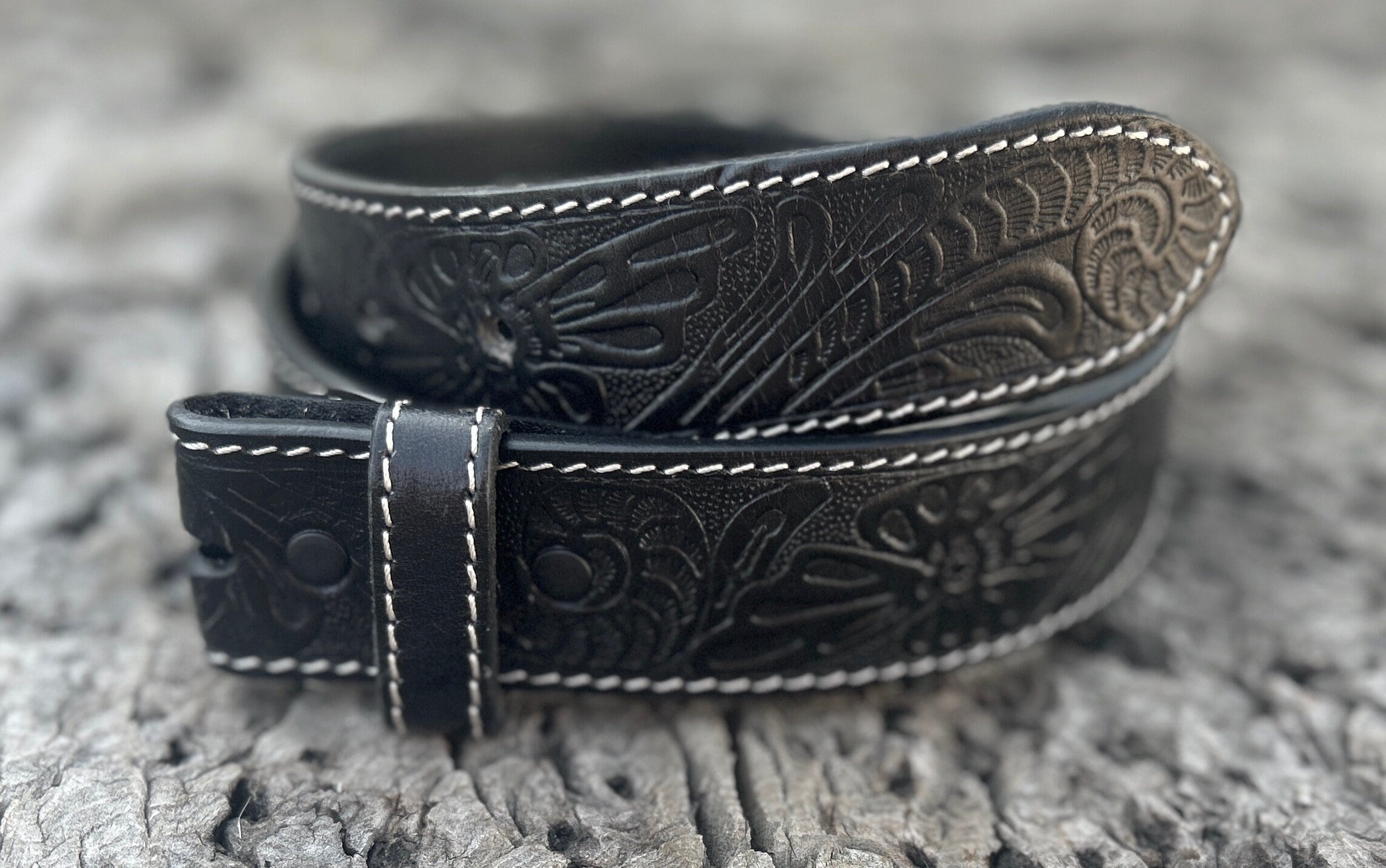 Black Tooled Leather Belt Strap