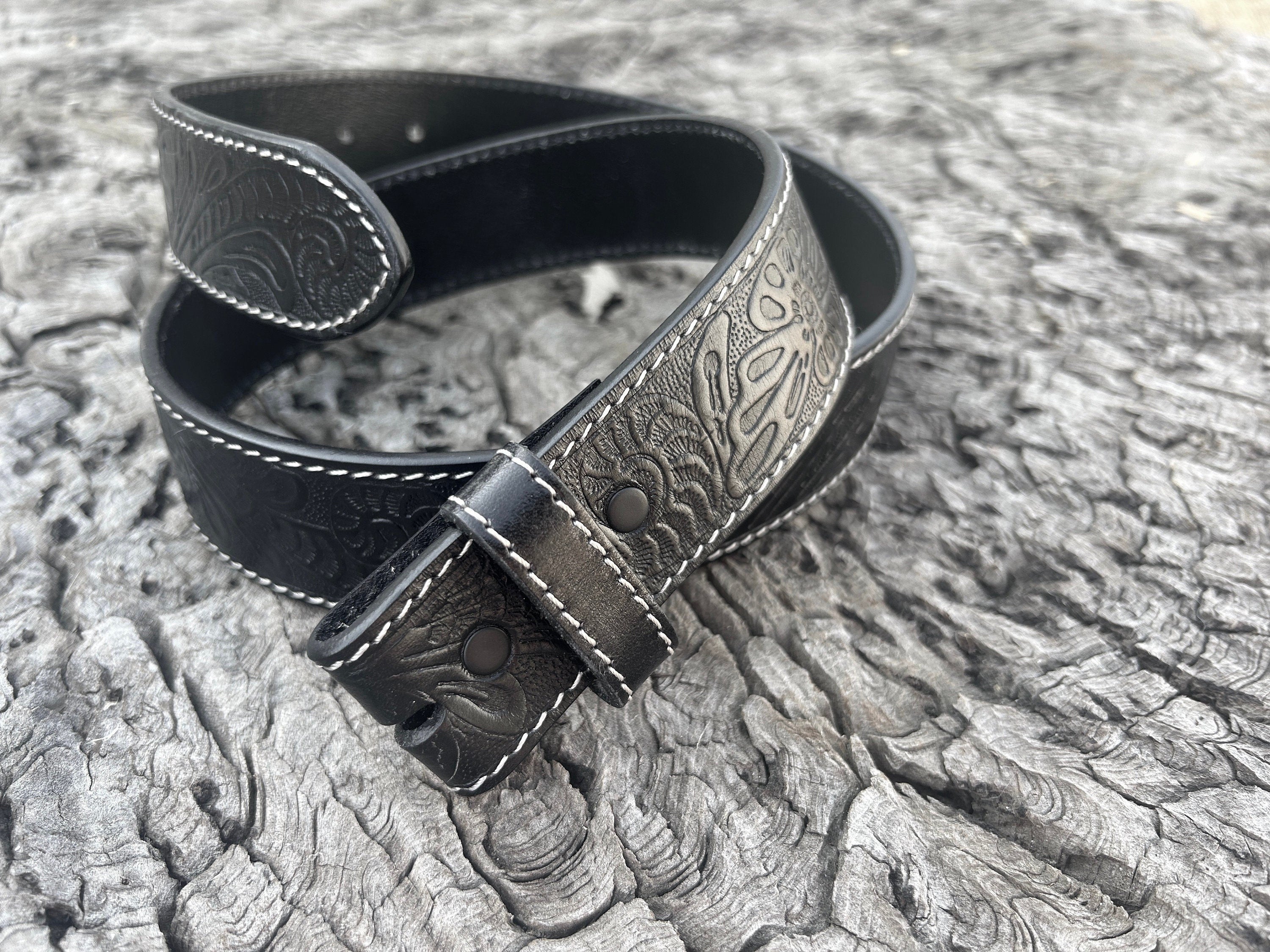 Black Tooled Leather Belt Strap