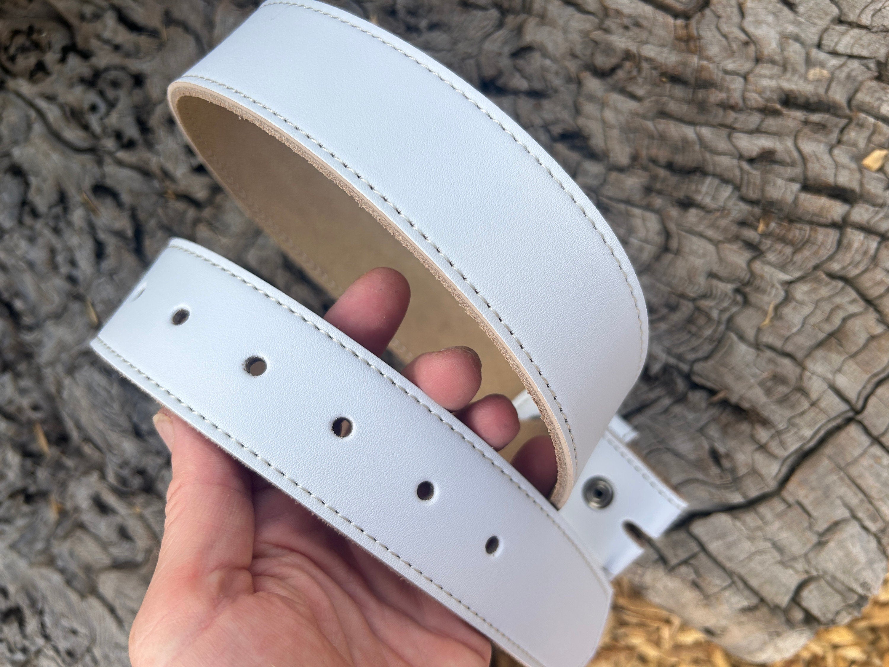 White Full Grain Leather Snap Belt Strap