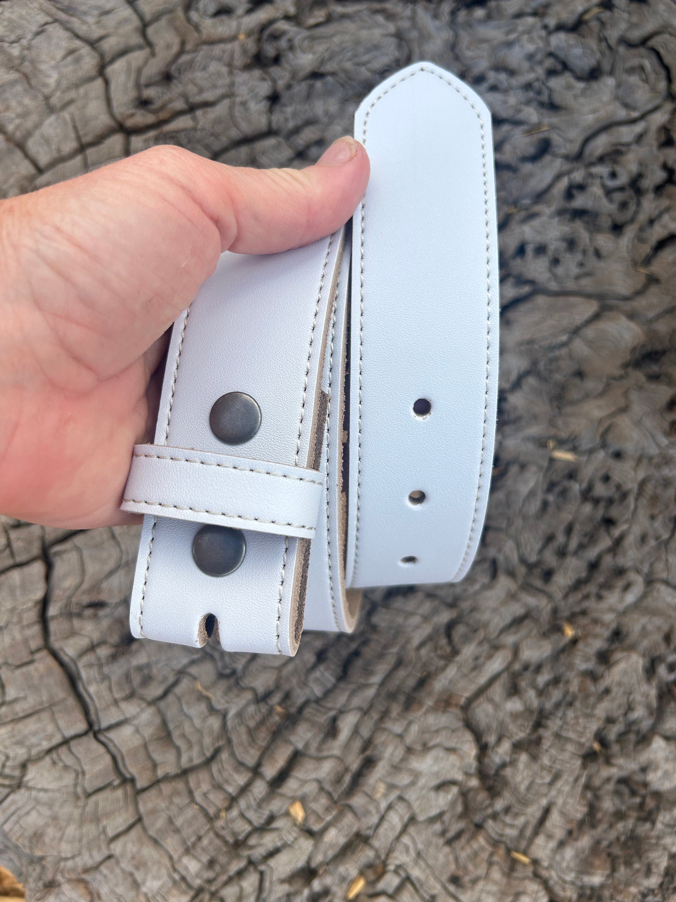 White Full Grain Leather Snap Belt Strap