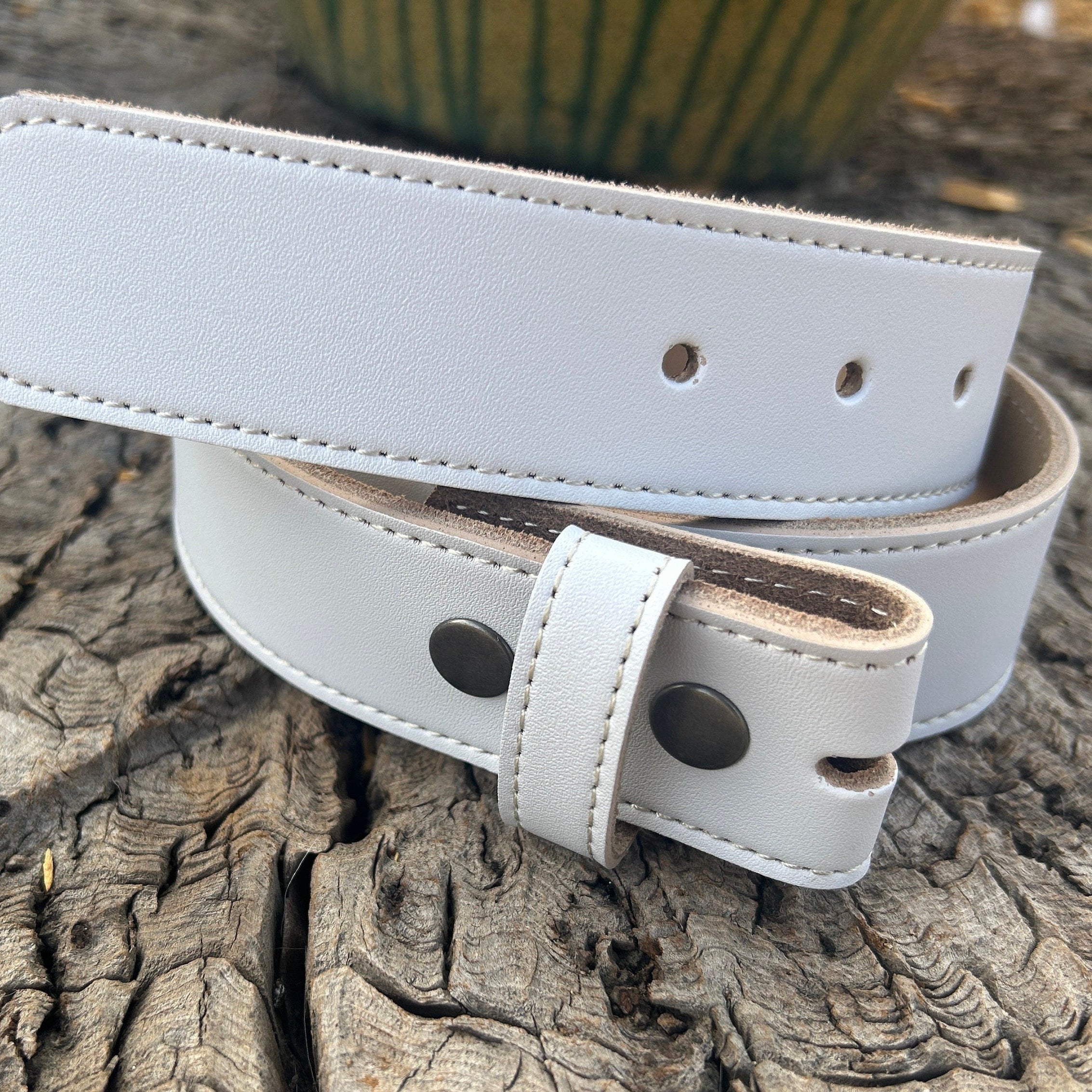 White Full Grain Leather Snap Belt Strap