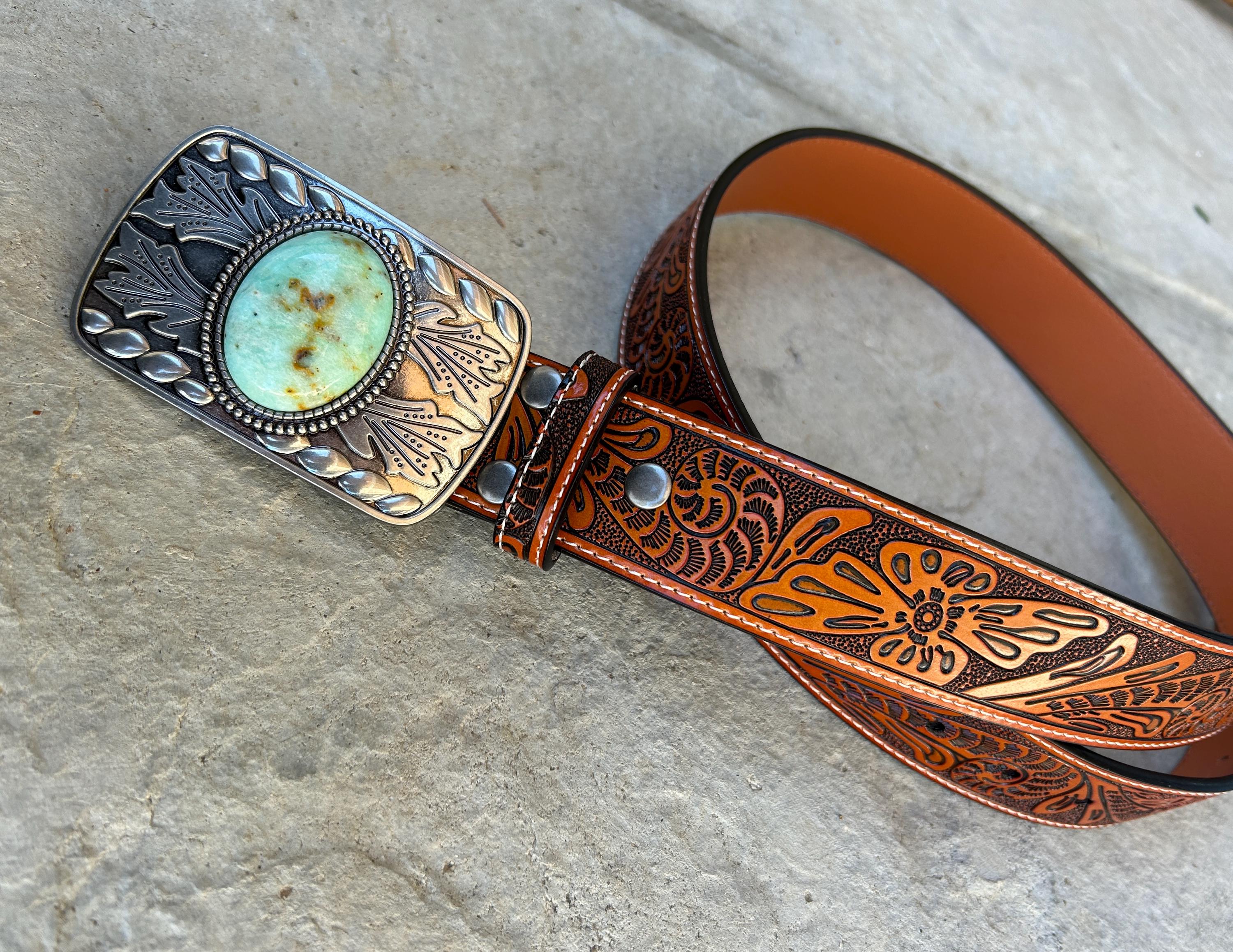 Tooled Brown Leather Belt with Teal Buckle