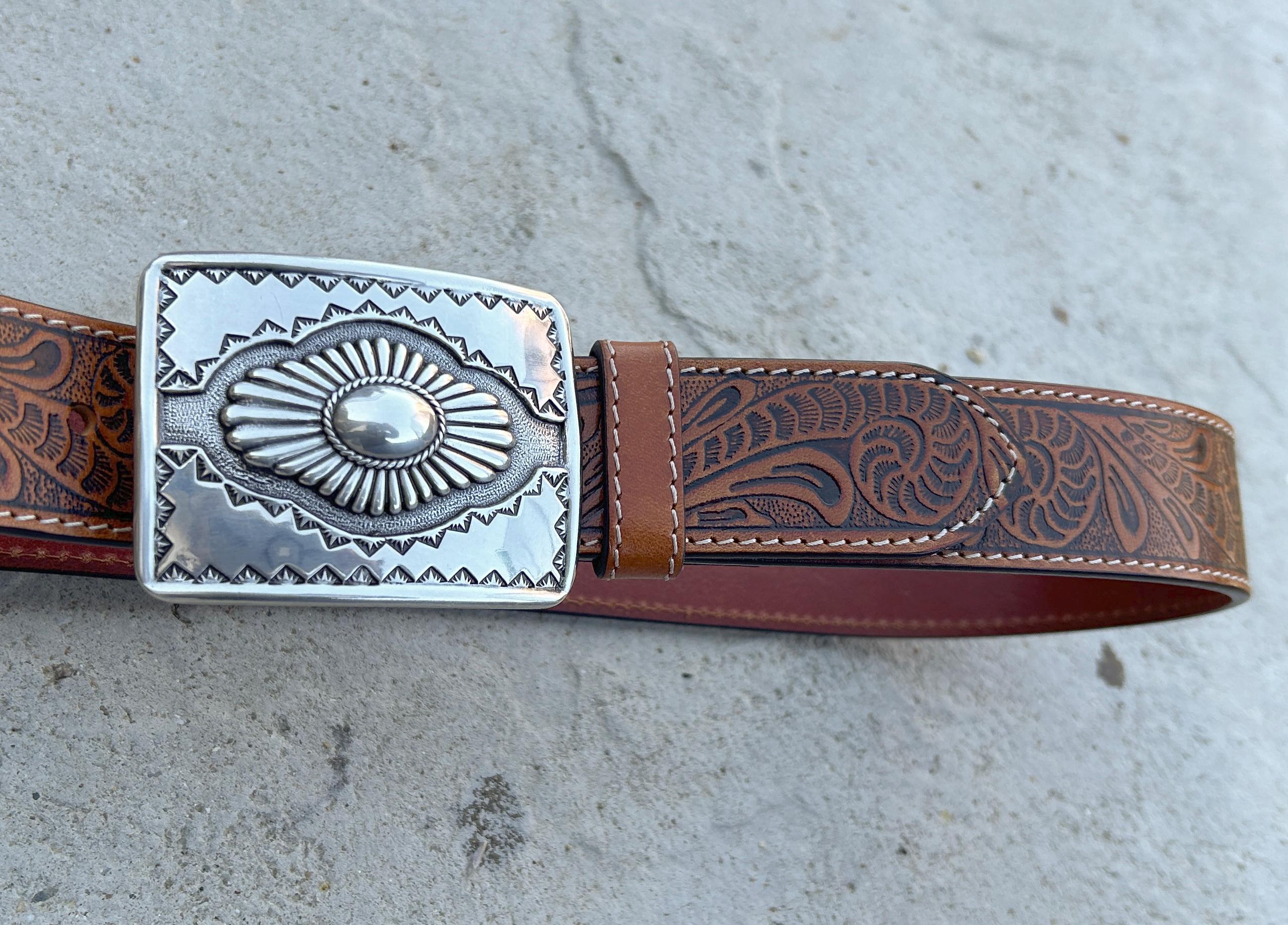 Tooled Brown Belt with Silver Plated Buckle