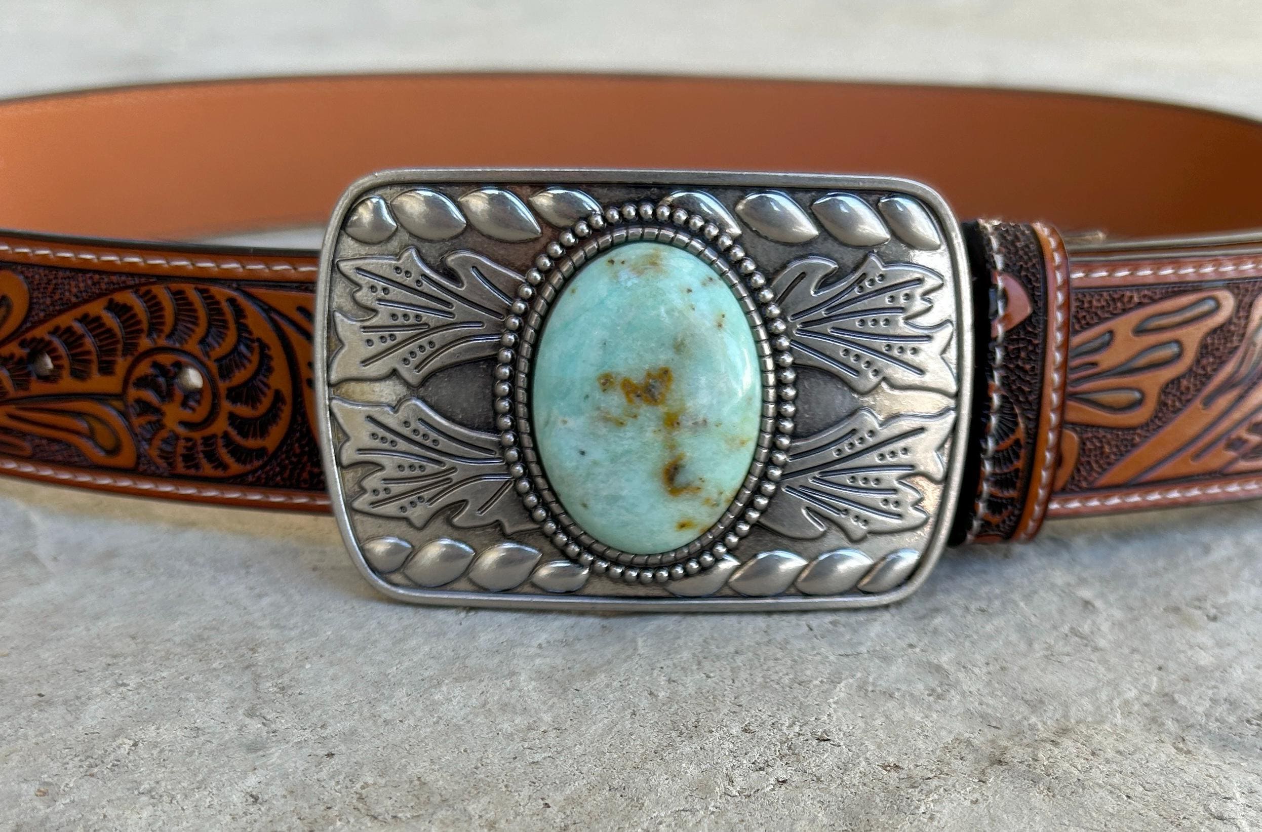 Tooled Brown Leather Belt with Teal Buckle