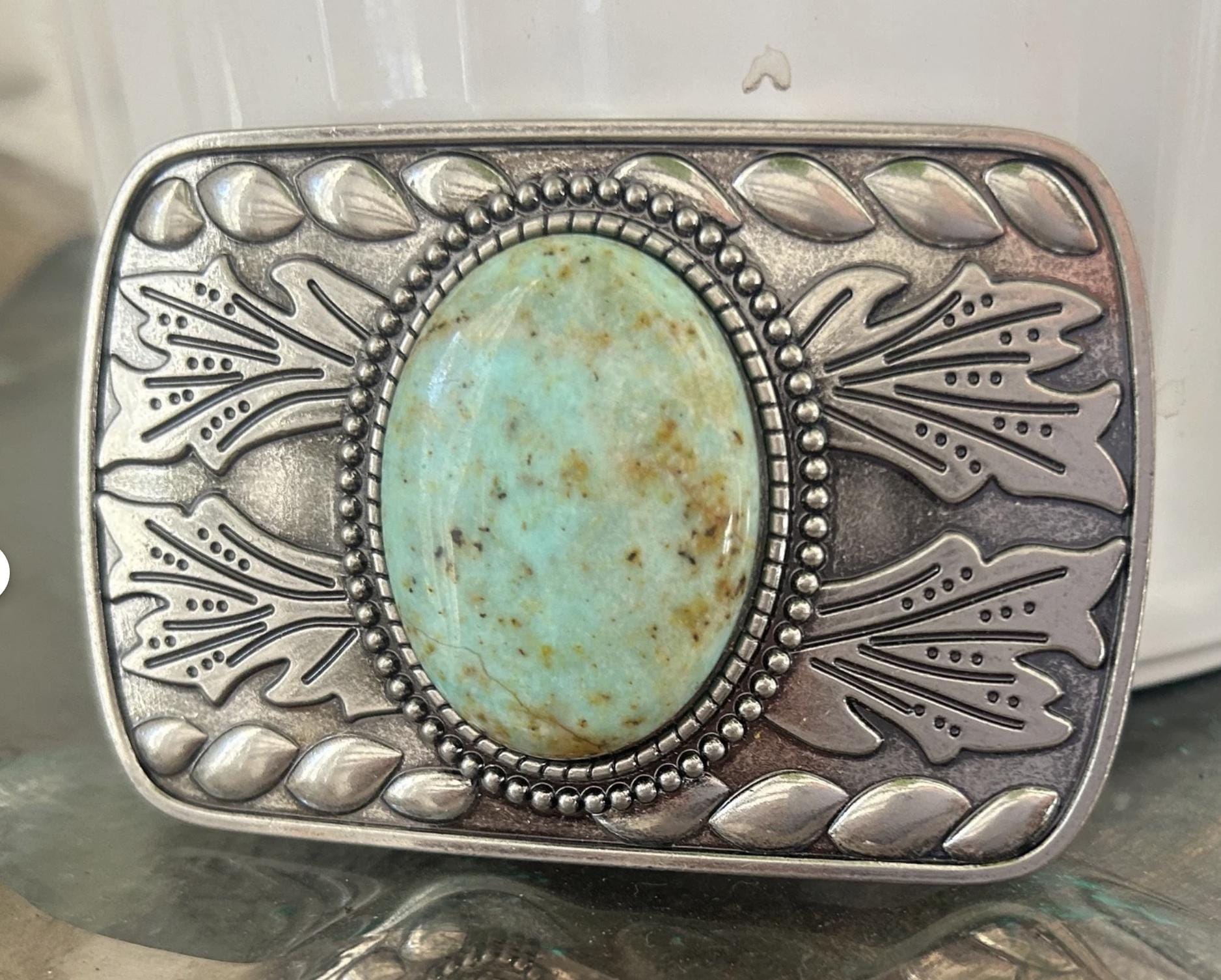 Tooled Brown Leather Belt with Teal Buckle