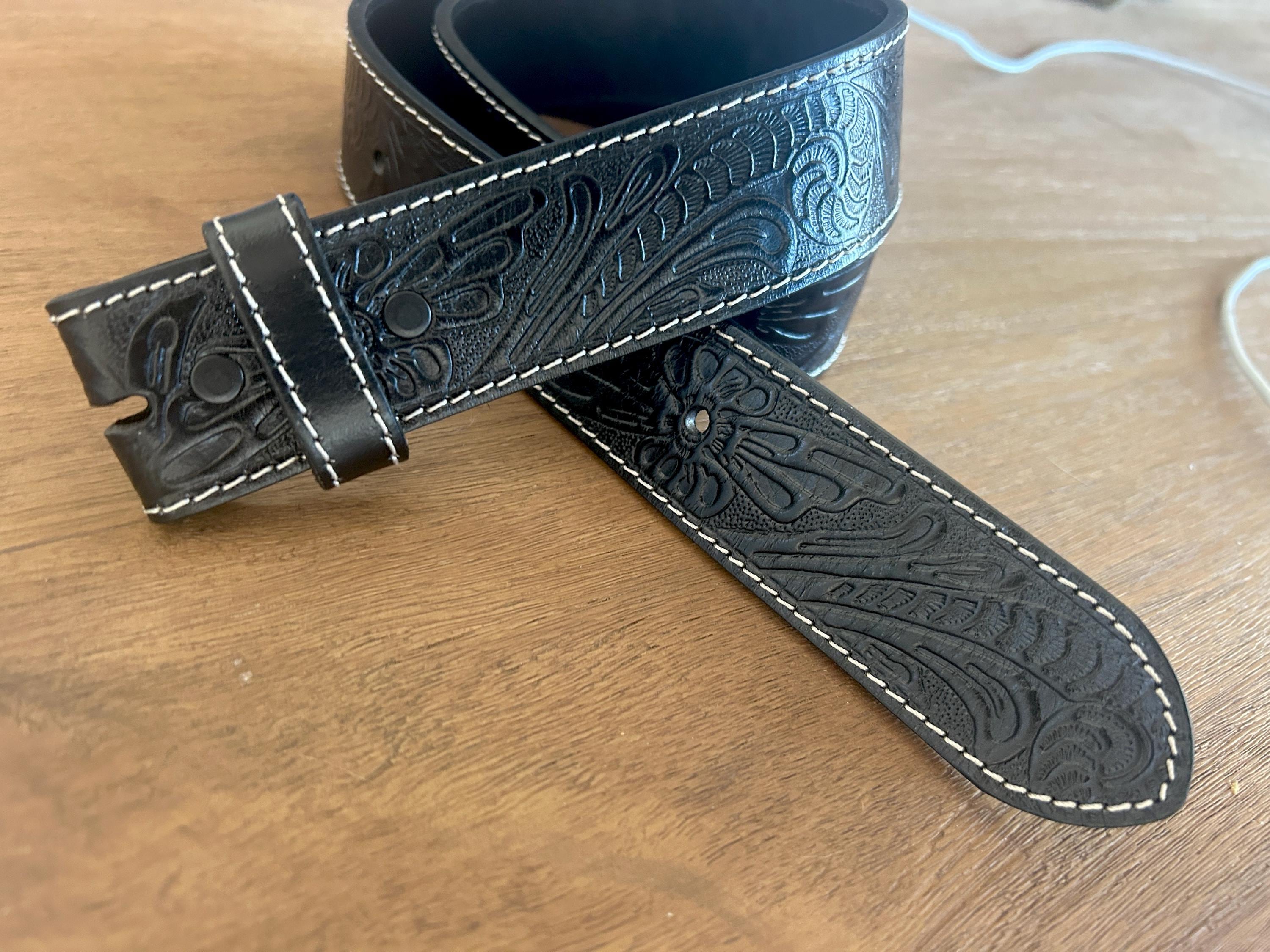 Black Tooled Leather Belt Strap
