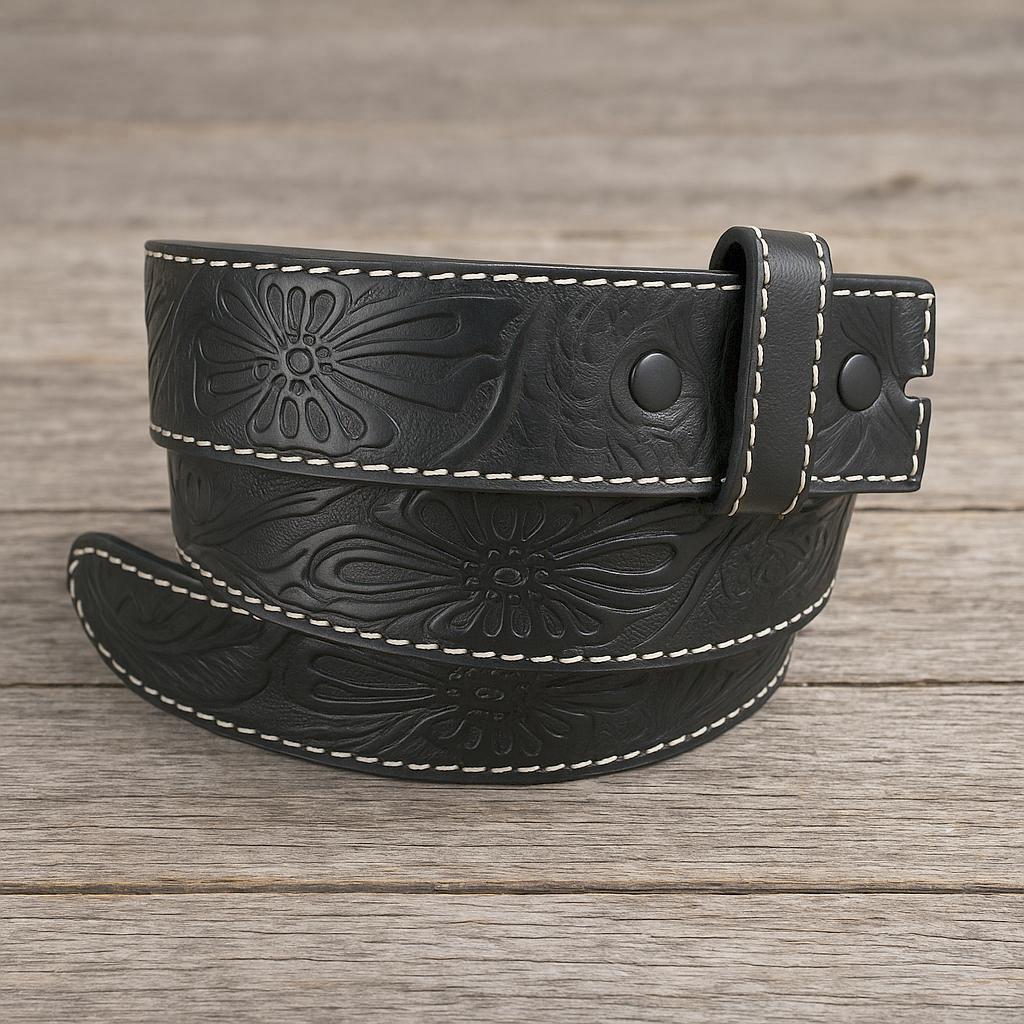 Black Tooled Leather Belt Strap