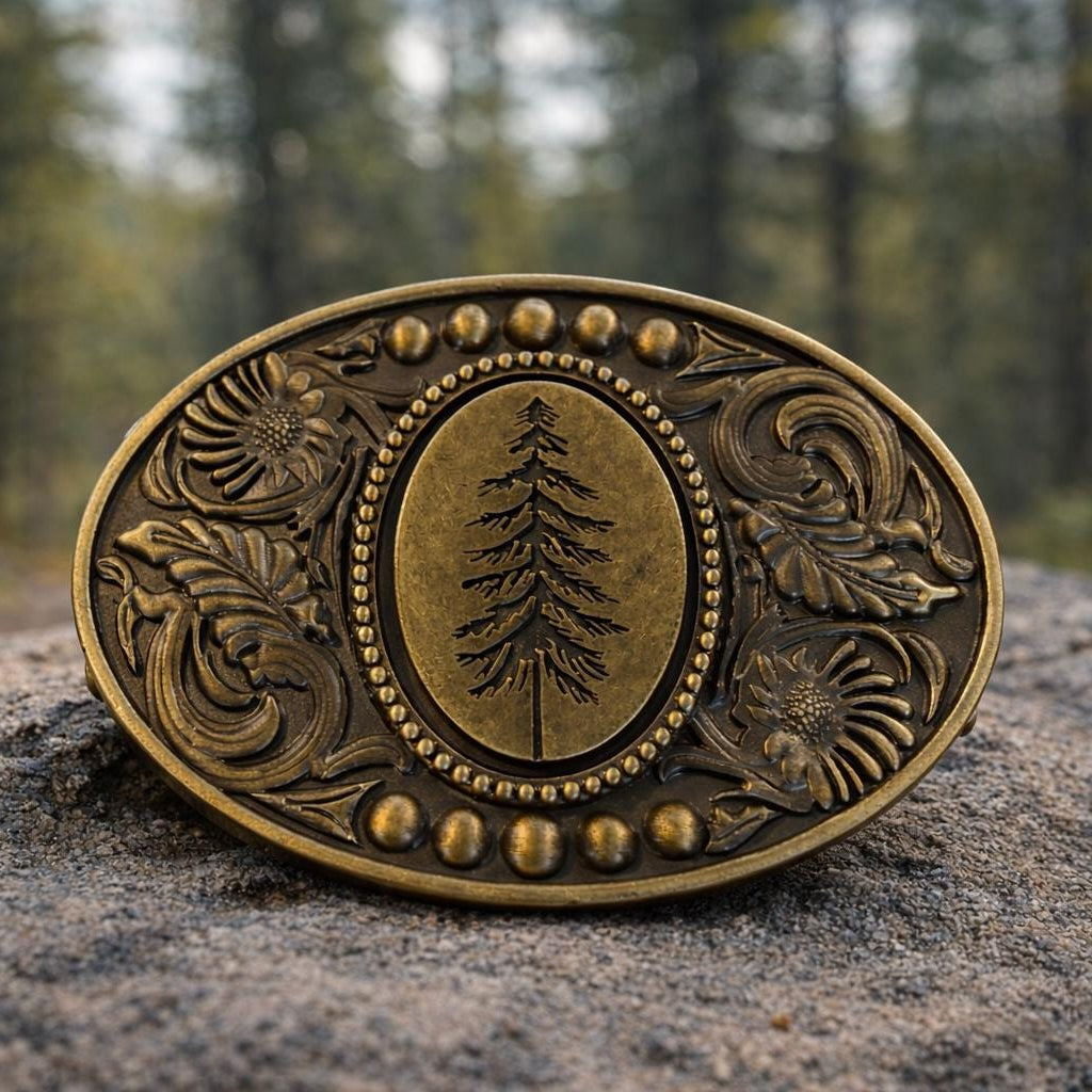 Engraved Pine Tree Belt Buckle
