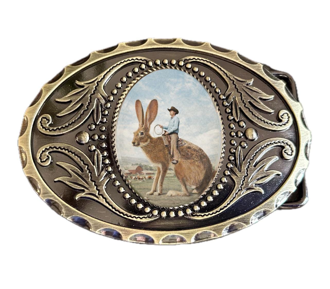 Cowboy Riding Jackrabbit Belt Buckle