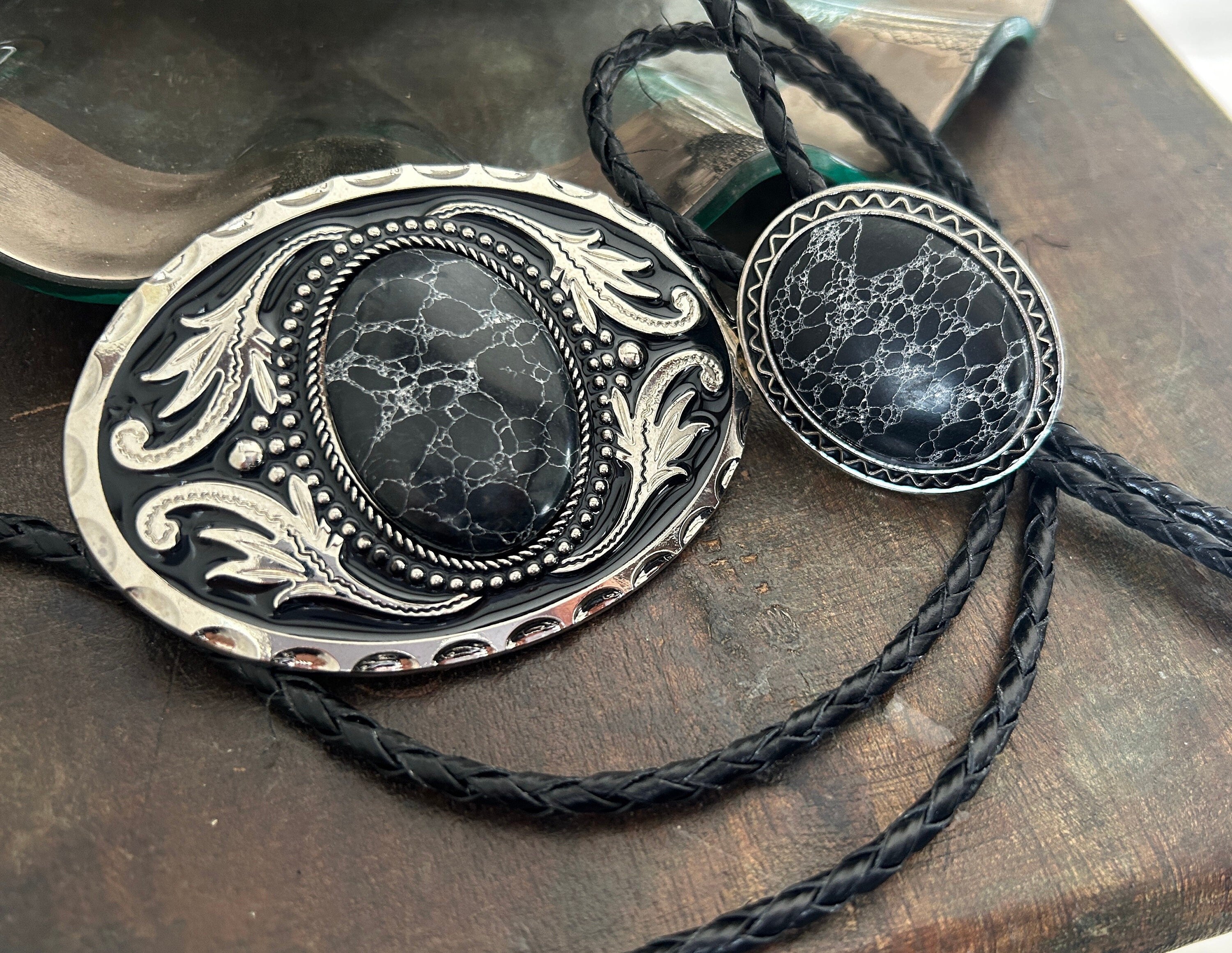 Black Stone Buckle/Bolo Set