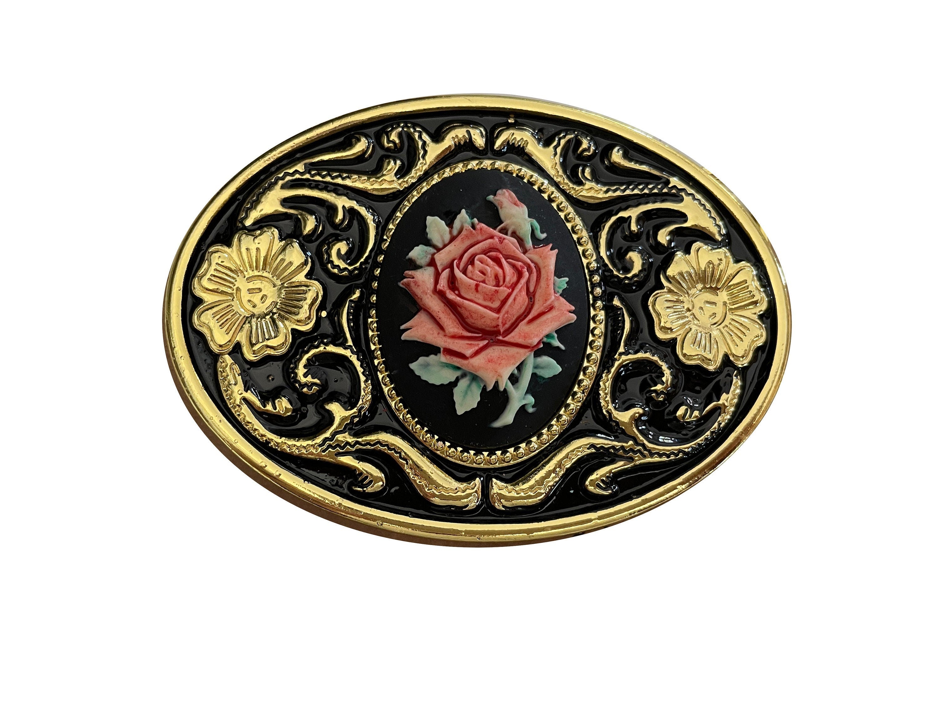 Hand Painted Rose Cameo Belt Buckle