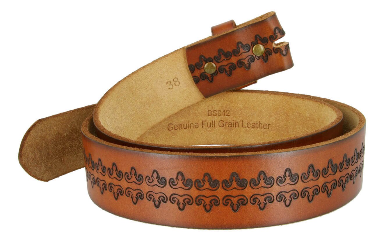 1.5'' Tooled Lines Leather Belt Strap