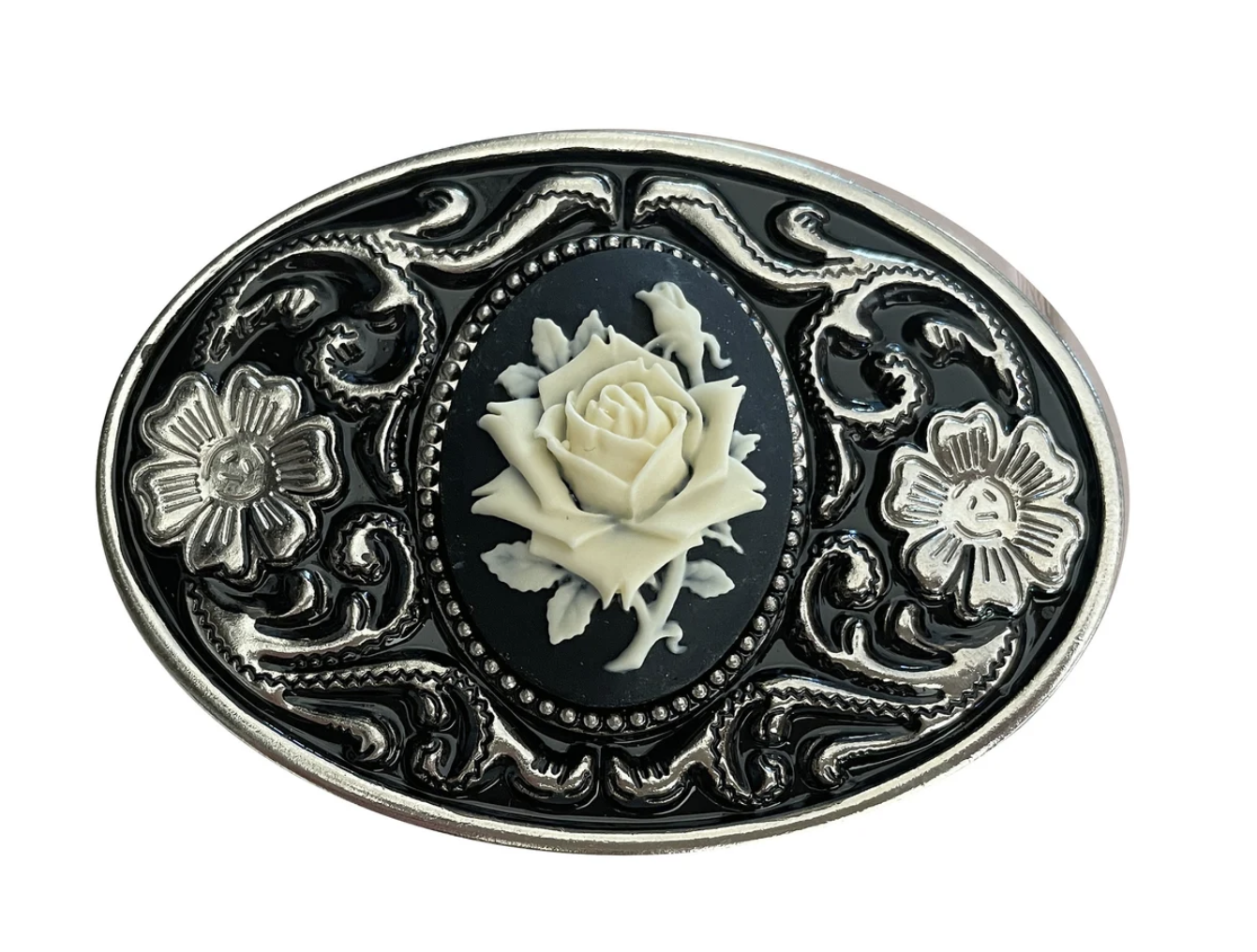 Black and White Rose Belt Buckle