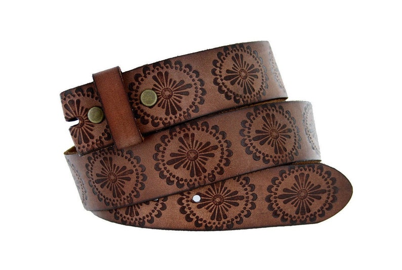 1.5'' Wide Tooled Dark Brown Leather Snap Belt Strap