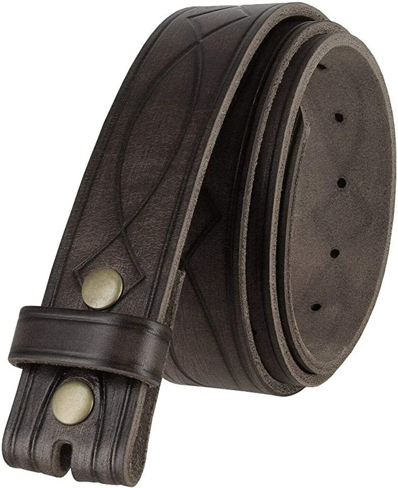 1.5'' Wide Grey Tooled Leather Snap Belt Strap