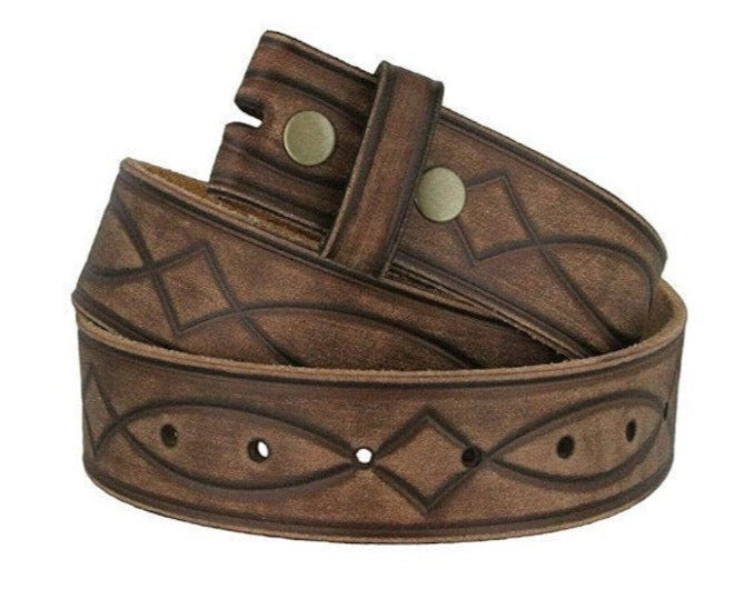 1.5'' Wide Brown Tooled Leather Snap Belt Strap