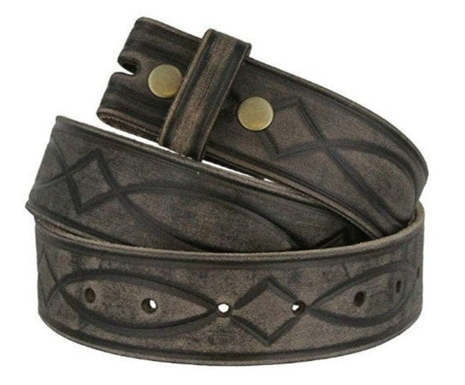 1.5'' Wide Grey Tooled Leather Snap Belt Strap