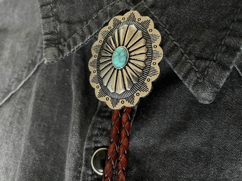 Southwestern Turquoise Bolo Tie - Brown Cord