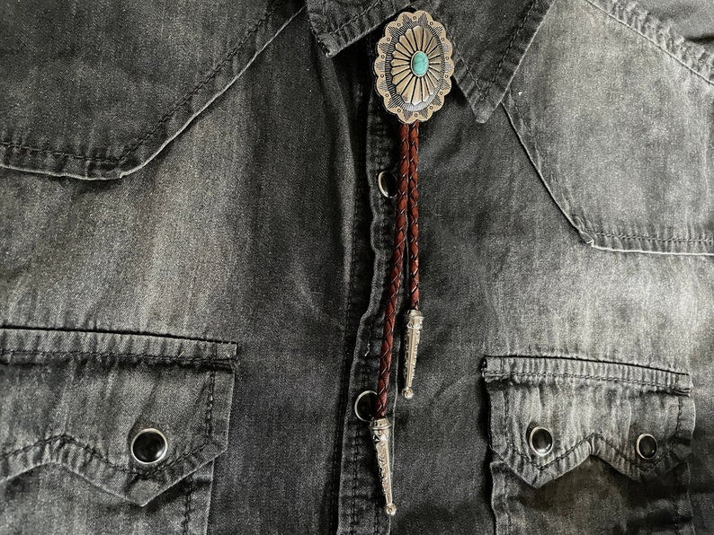 Southwestern Turquoise Bolo Tie - Brown Cord
