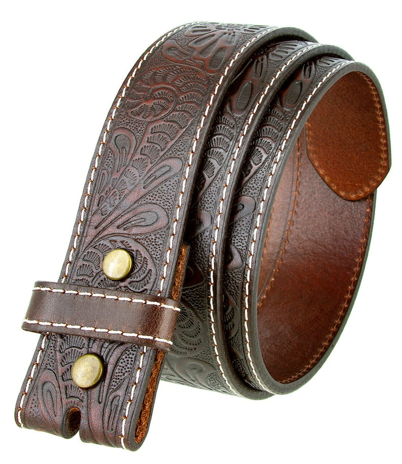 1.5'' Tooled Brown Leather Snap Belt Strap