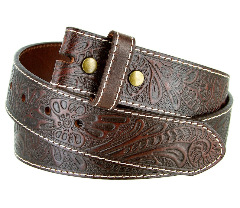 1.5'' Tooled Brown Leather Snap Belt Strap