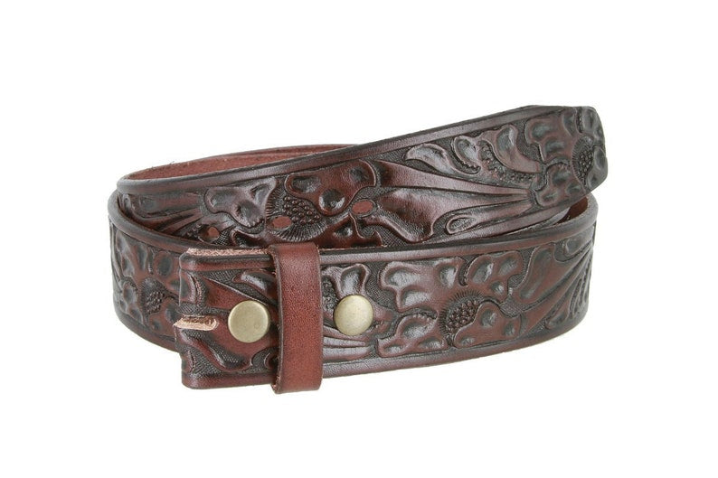 1.5'' Dark Brown Tooled Leather Belt Strap
