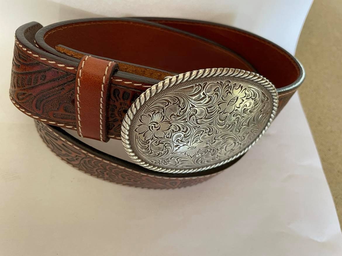 Tooled Brown Leather Long Narrow Western Belt, order Ornate Silver Buckle, 1980s Billy Belts, Modern Abstract