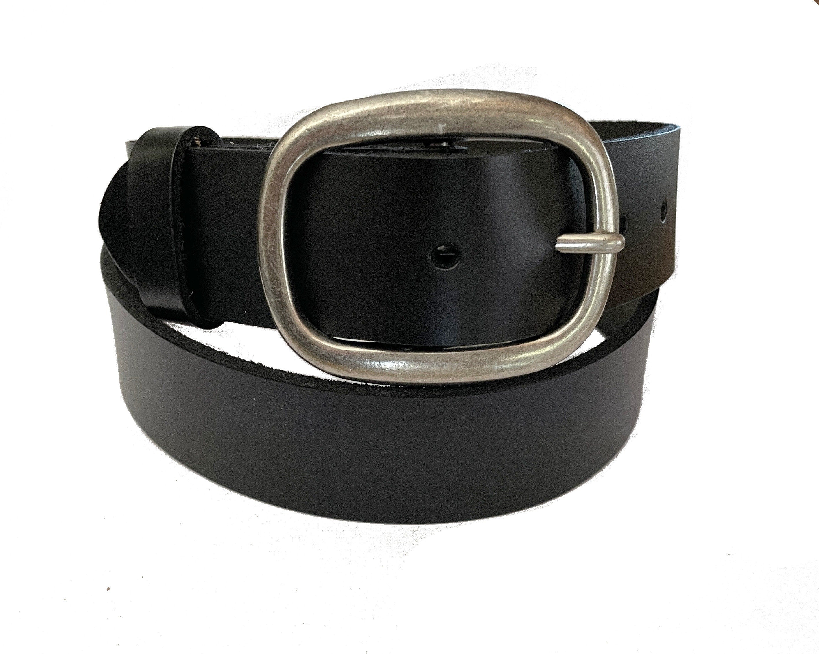 Black Leather Belt with Silver Oval Buckle