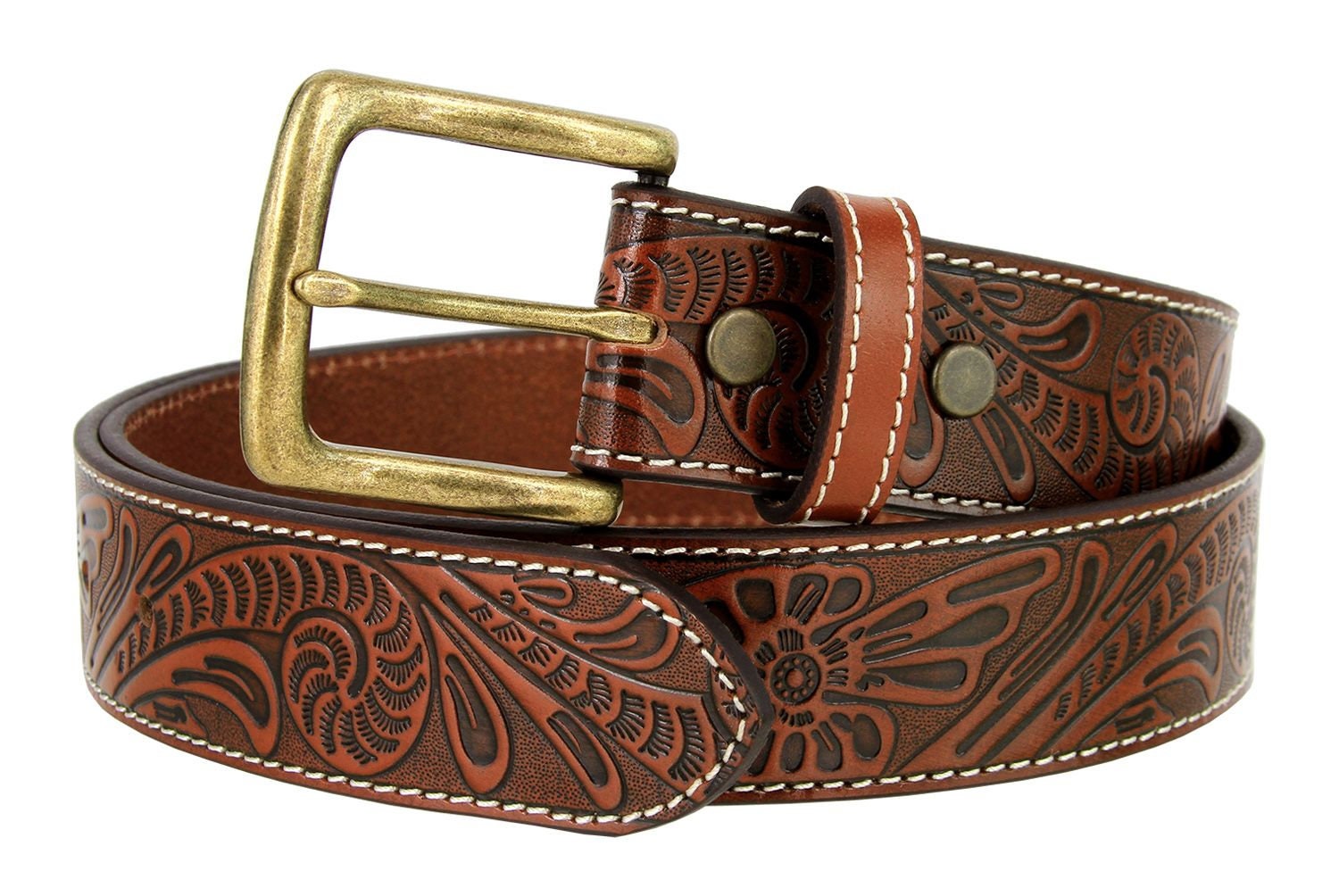 Tooled Brown Leather Belt