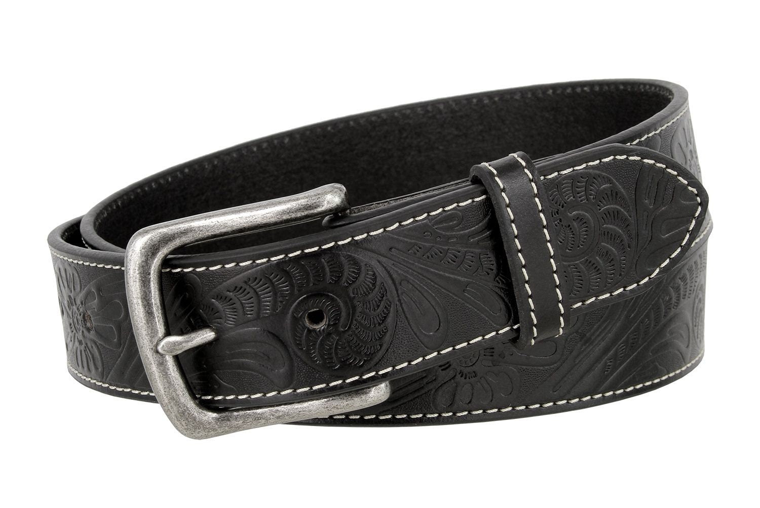 Tooled Black Leather Belt