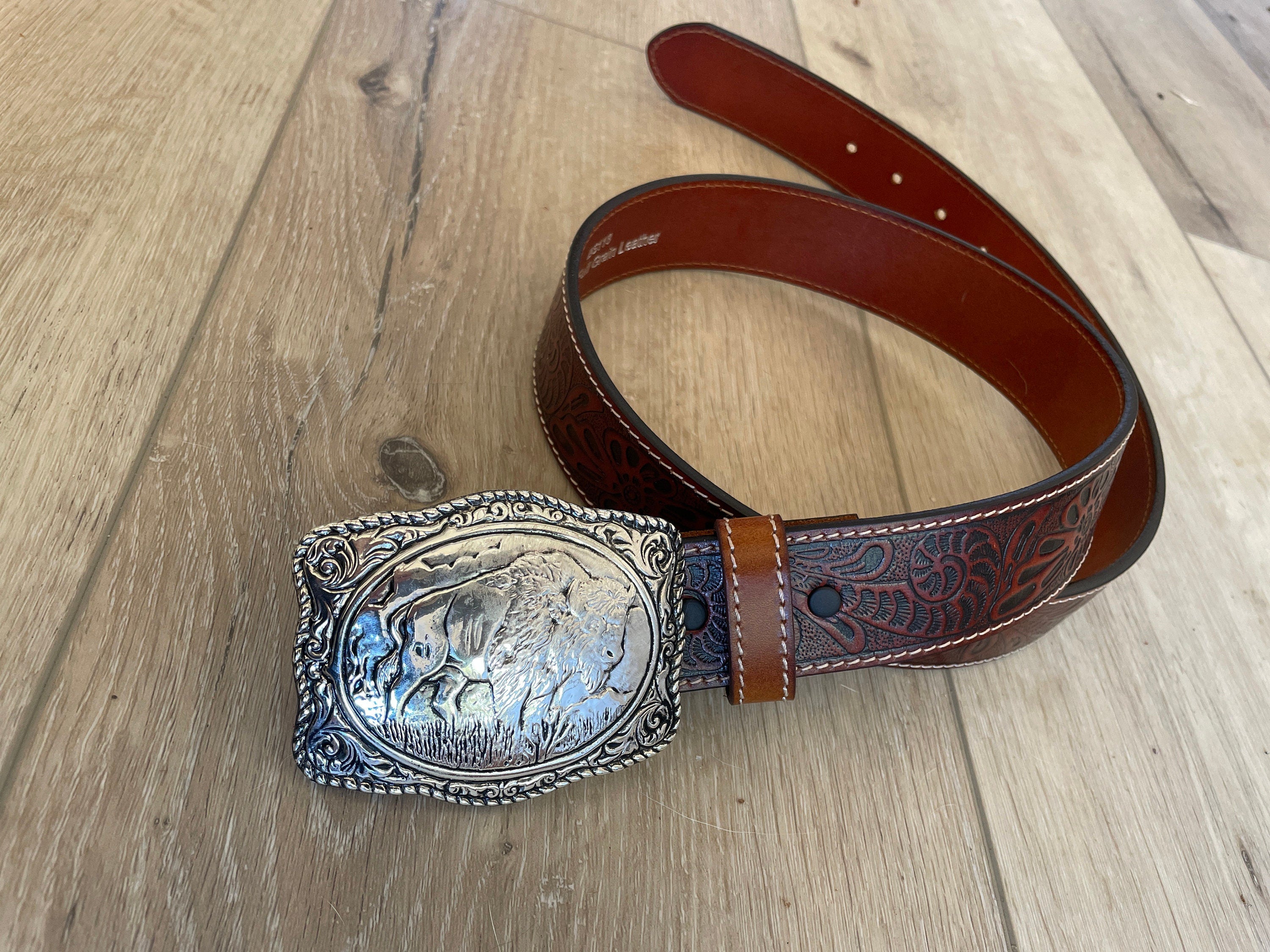 Buffalo Buckle Tooled Brown Leather Belt
