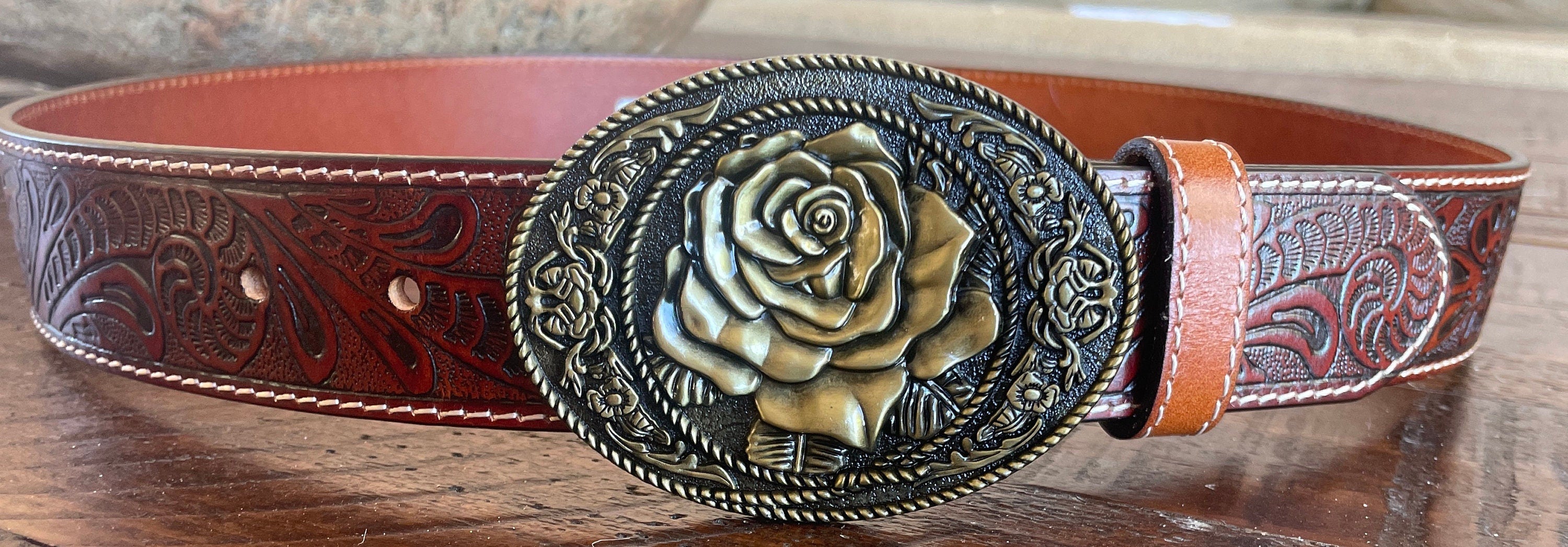 Rose Buckle Tooled Leather Belt