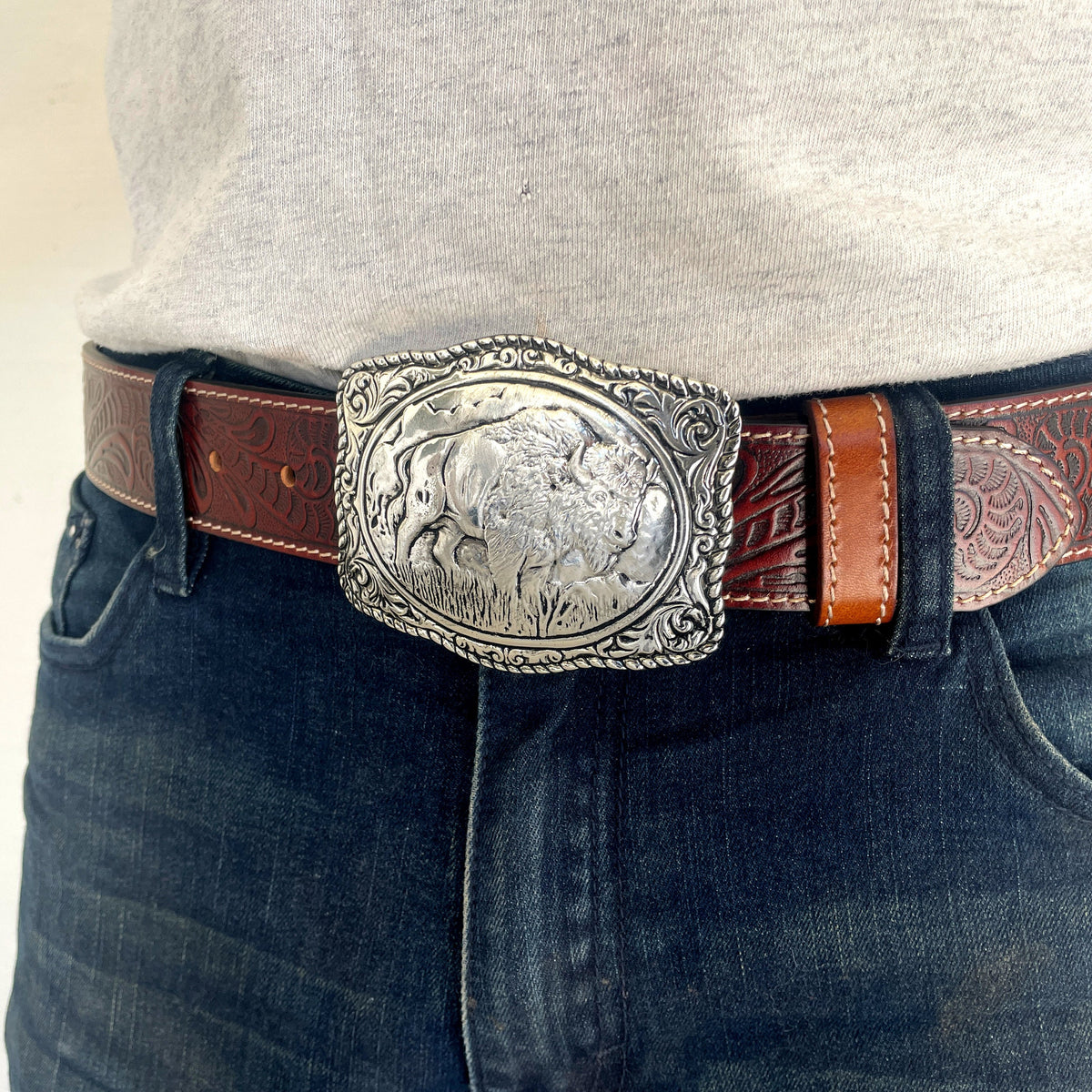 Buffalo Buckle Tooled Brown Leather Belt