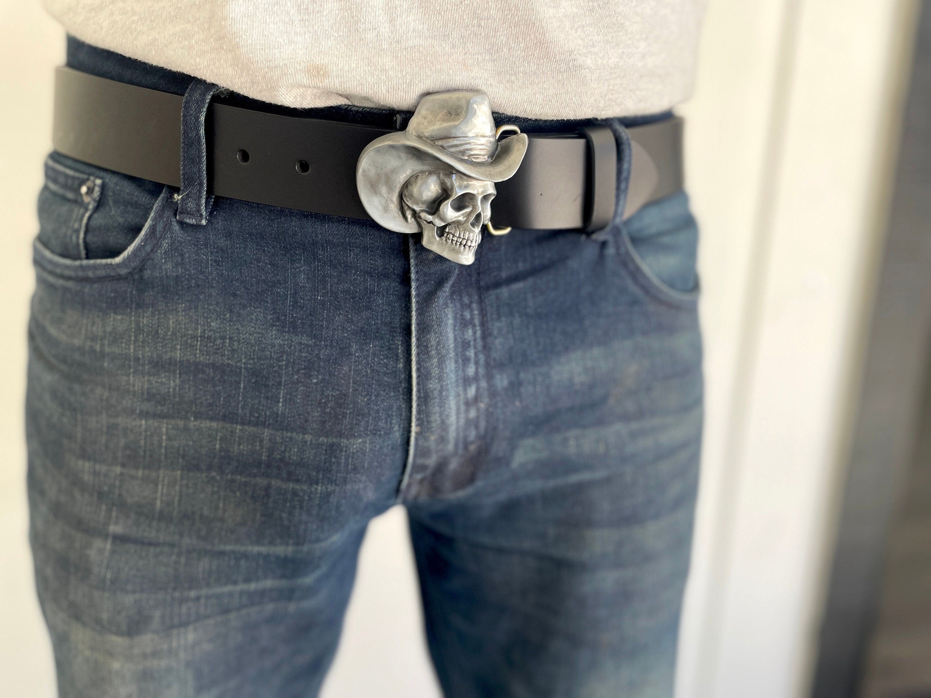 Silver Skeleton Cowboy Black Genuine Leather Belt