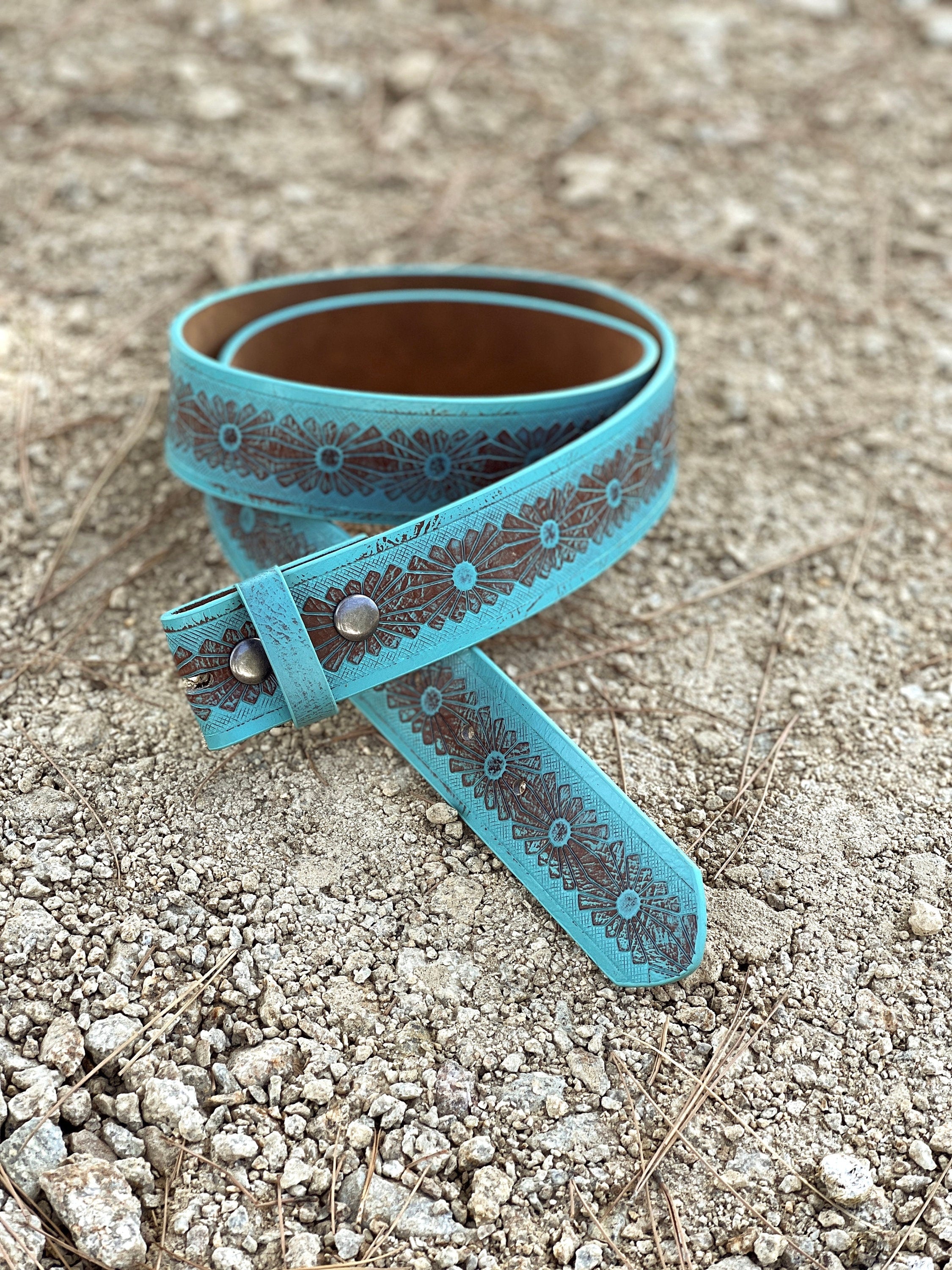 Tooled Turquoise Leather Belt Strap